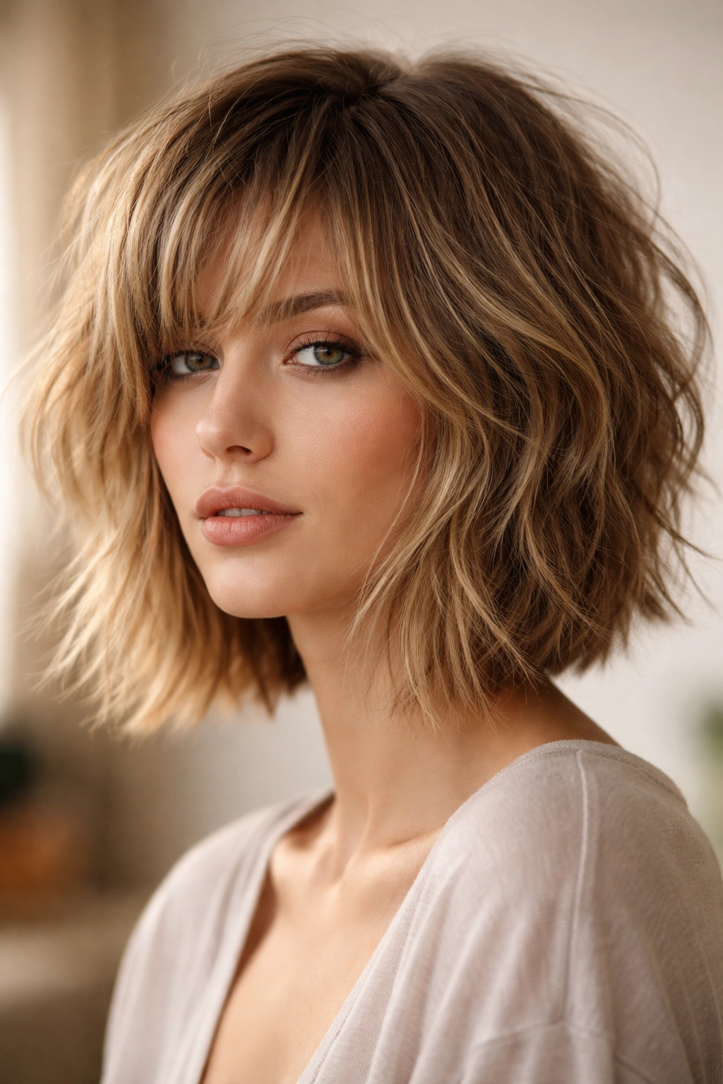 Three-quarter front view of a shaggy textured bob