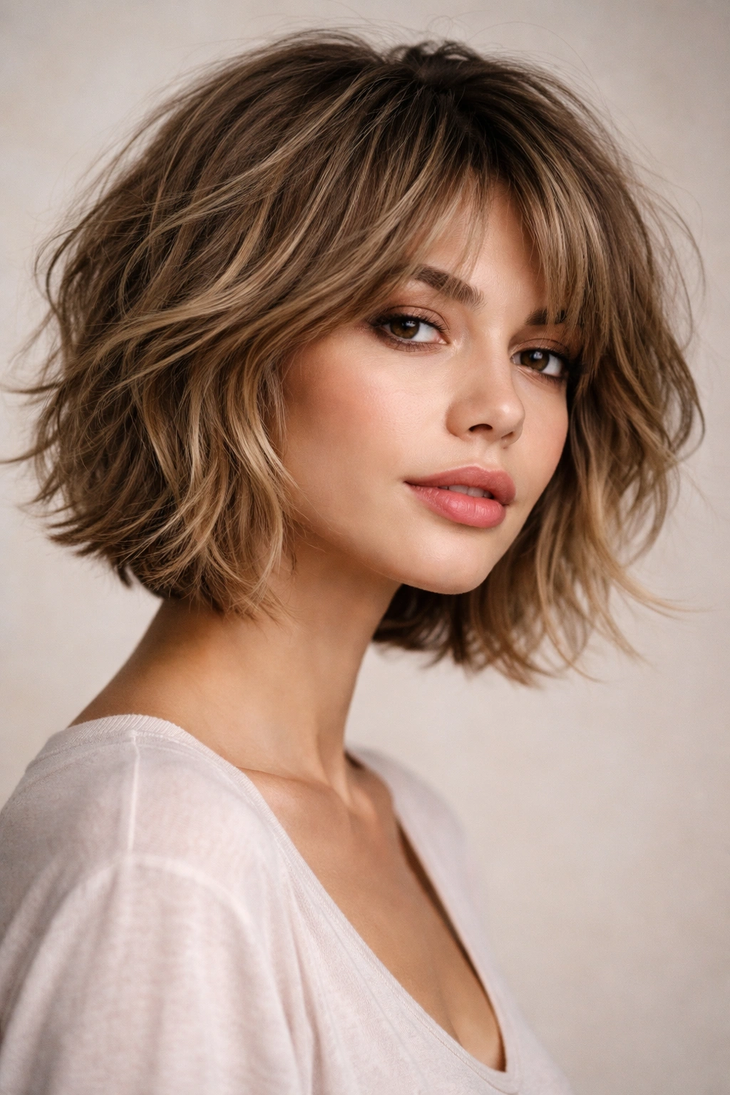 Close-up portrait of a person with a shaggy textured bob showing short top layers and longer underneath