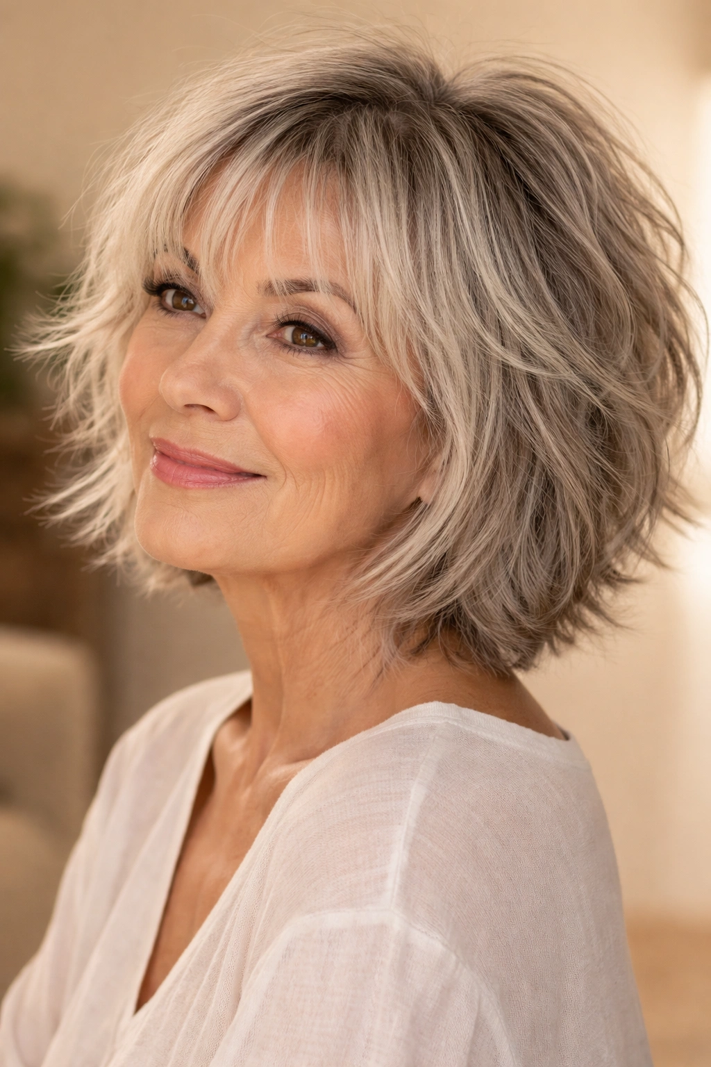 Shaggy bob with wispy fringe in warm lighting, showcasing texture and movement