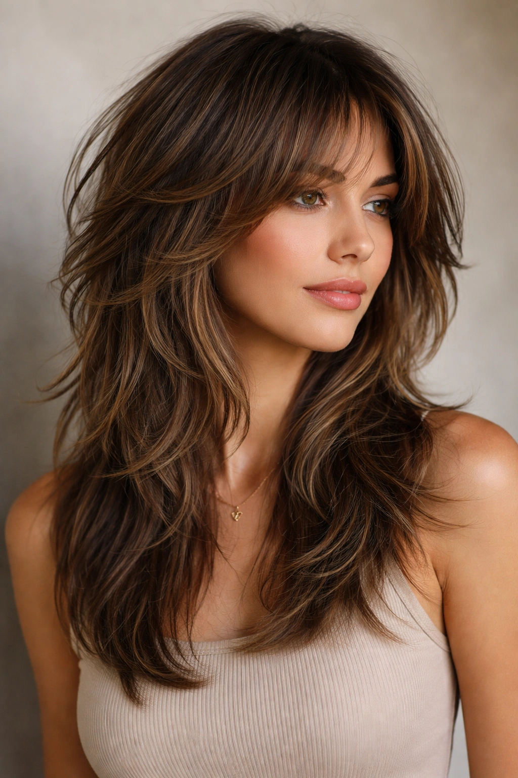 12 Butterfly Haircuts For Medium Length Layers 3 Portrait of a model with Shaggy Butterfly Cut showing textured peek-through layers for a casual, lived-in vibe