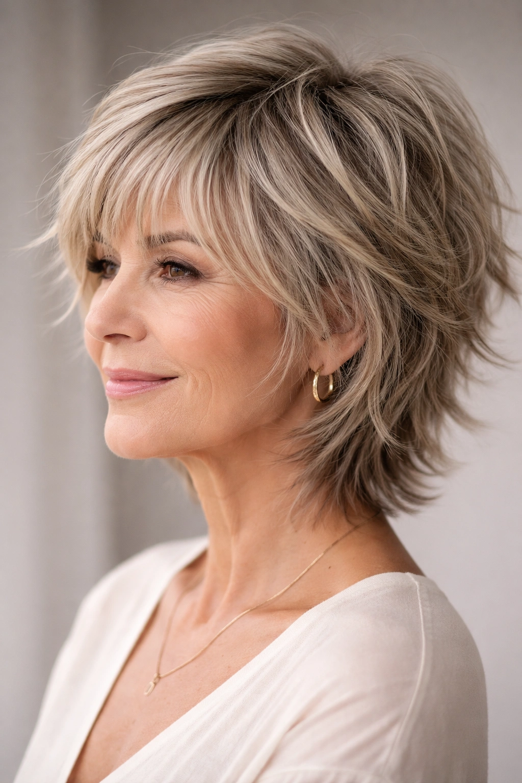 Profile view of a shaggy crop with feathered fringe showing texture and movement