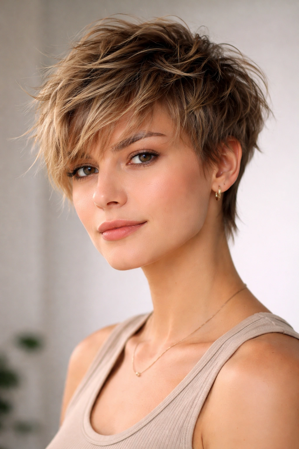 Close-up of a person with a shaggy crop and choppy texture