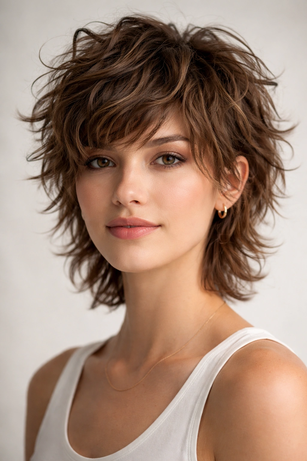 Close-up portrait of a person with a shaggy crop haircut emphasizing texture and crown volume