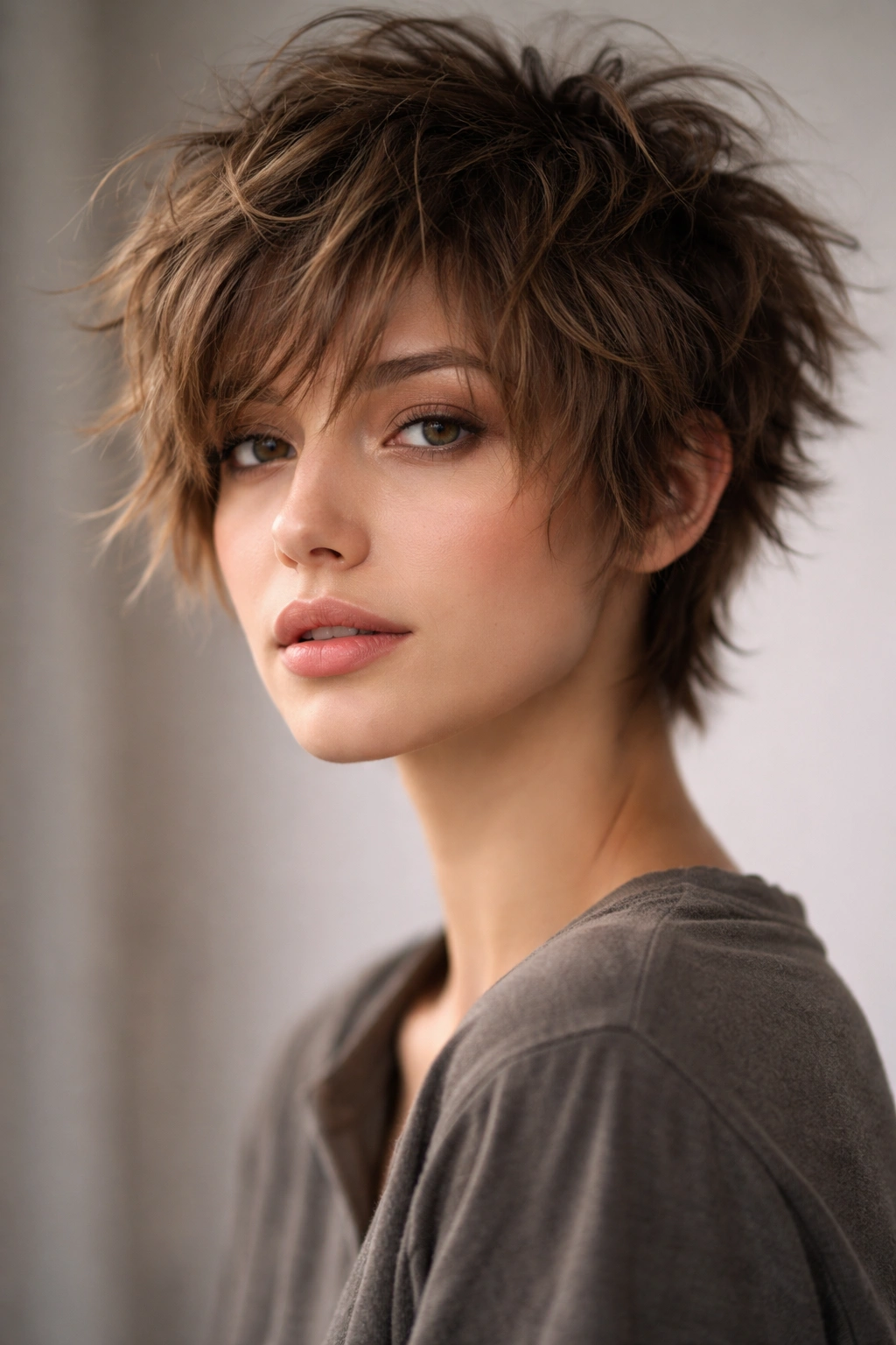 Messy textured short shaggy crop with extreme layering in a studio setting