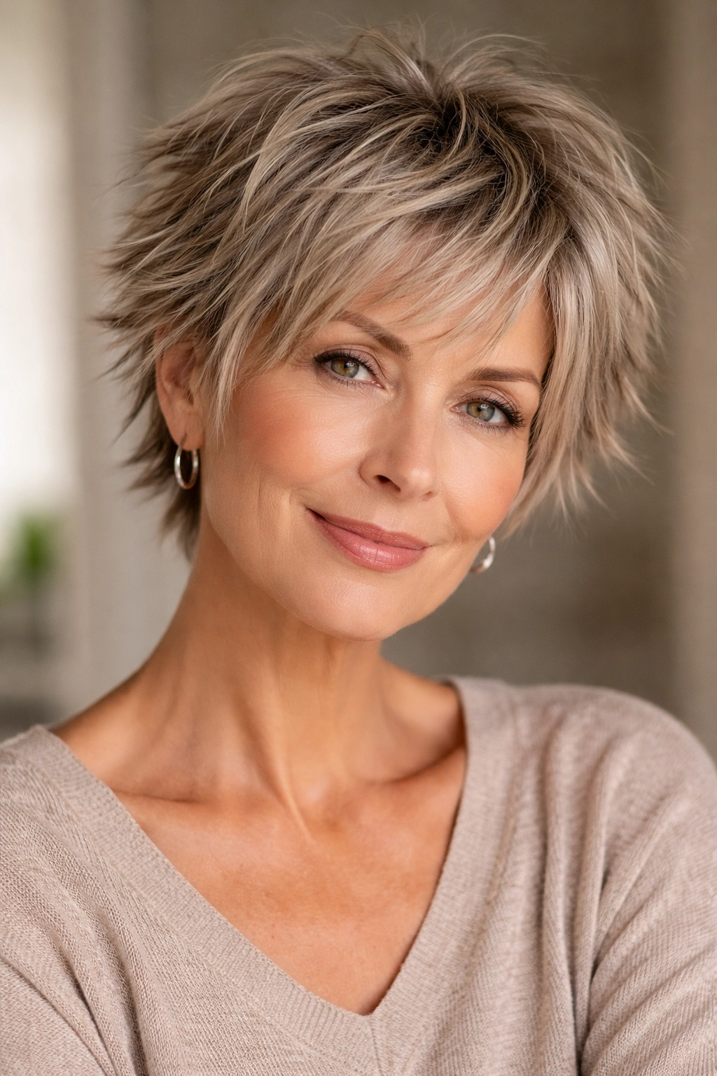 10 Short Spiky Hairstyles For Women Over 50 4 Close-up of a mature woman with a shaggy crop featuring choppy layers and feathered edges.