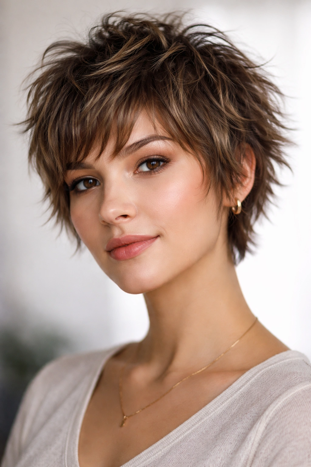 Shaggy layered crop hairstyle with choppy texture