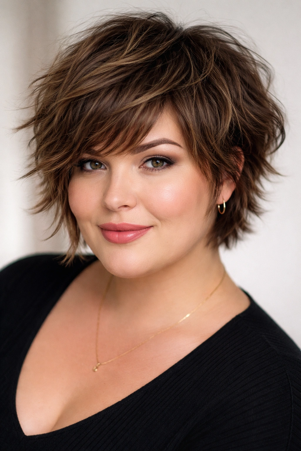 Shaggy short crop with tousled texture and layered bangs