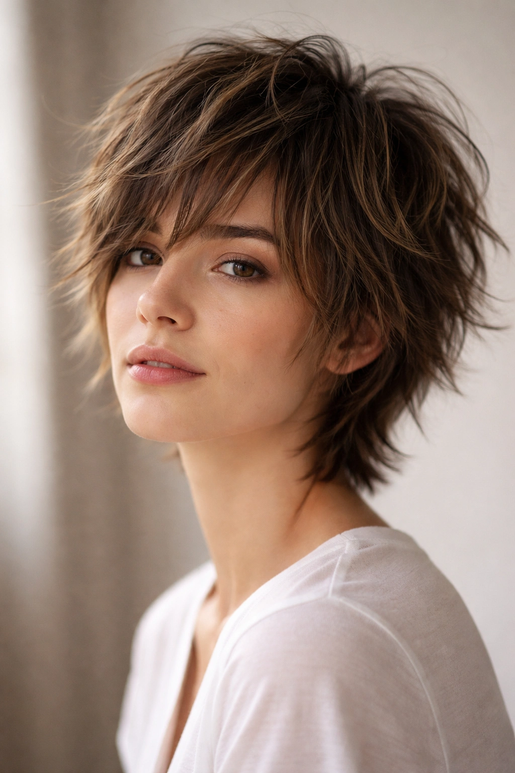10 Short Haircuts That Look Good Completely Unstyled 6 Close-up of a person with a shaggy crop showing feathered layers and tousled texture