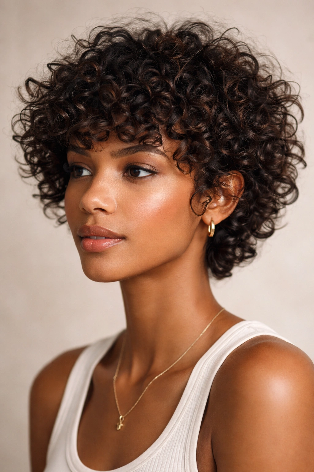 Close-up of a shaggy short crop with layered curls and textured movement