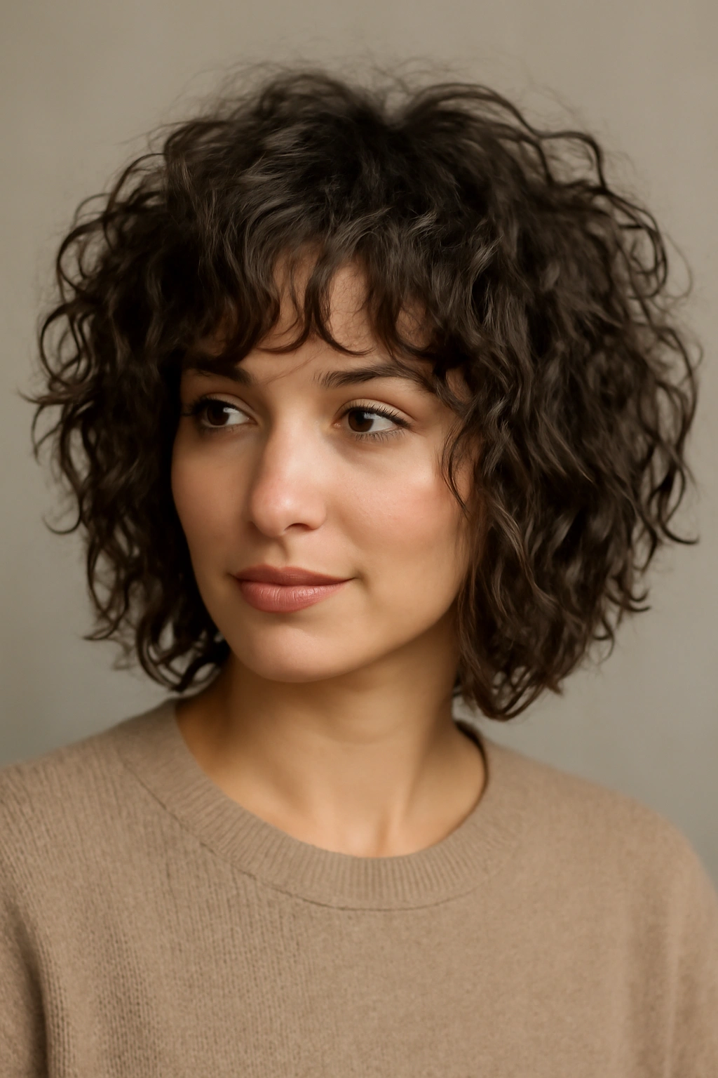 Head-and-shoulders portrait showing a shaggy curly bob with textured layers and lifted crown.