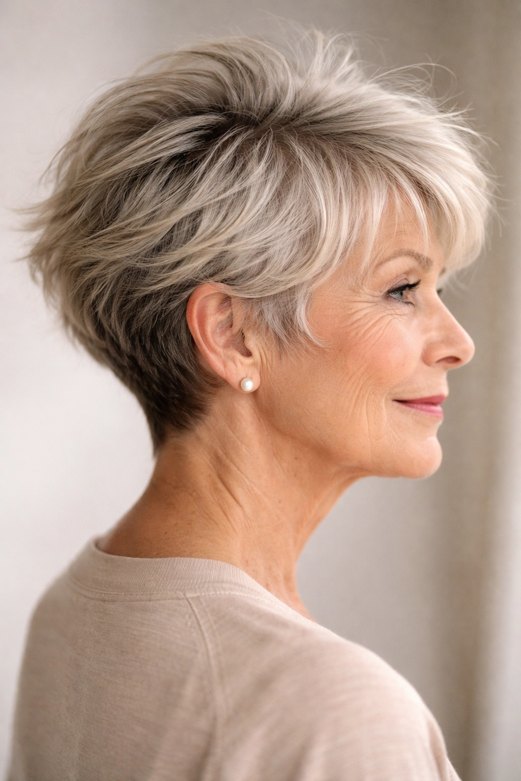 15 Hairstyles For Women Over 70 With Fine Hair 13 Close-up side profile of an older woman with a shaggy textured cut and hidden undercut.