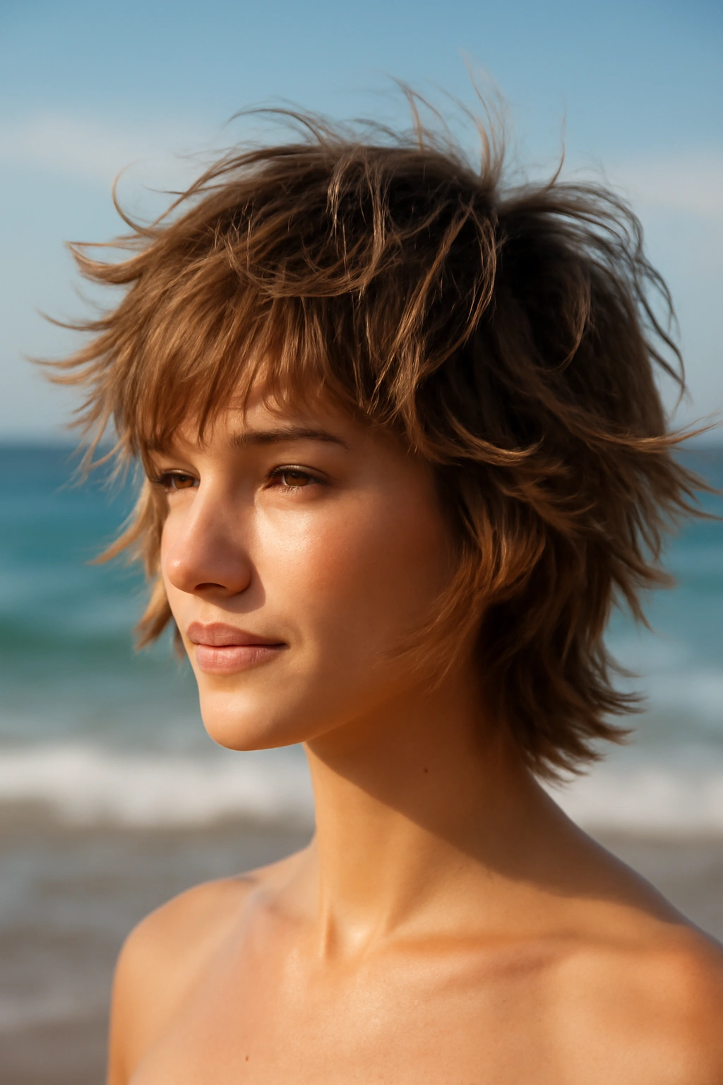 10 Beach Vacation Hairstyles for Short-Haired Women 10 Close-up of shaggy feathered texture on short hair at the beach