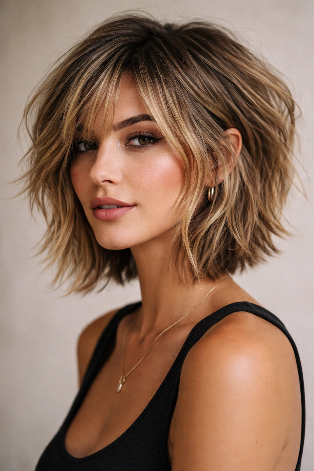 Shaggy inverted bob with short layers and tousled texture