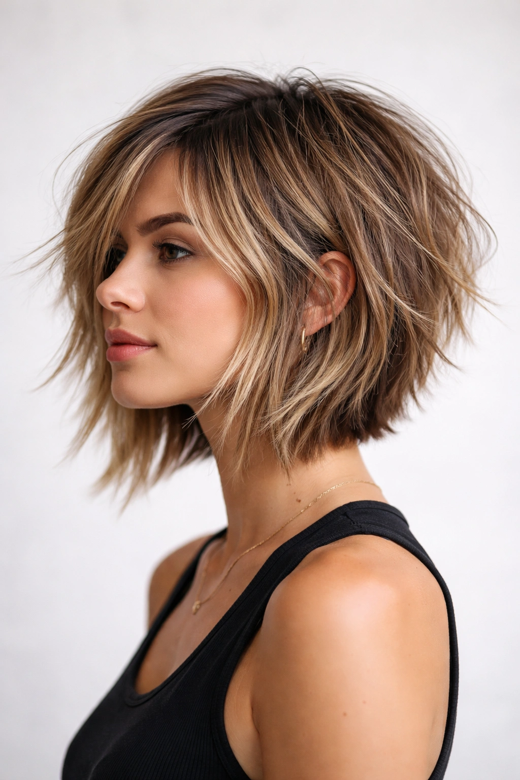 Textured shaggy layered angled bob with pronounced layers and messy movement