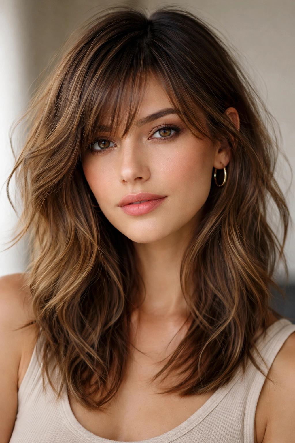 10 Face Framing Bang Styles With A Side Part 9 Close-up of shaggy layered bangs with a side part showing textured, choppy layers.