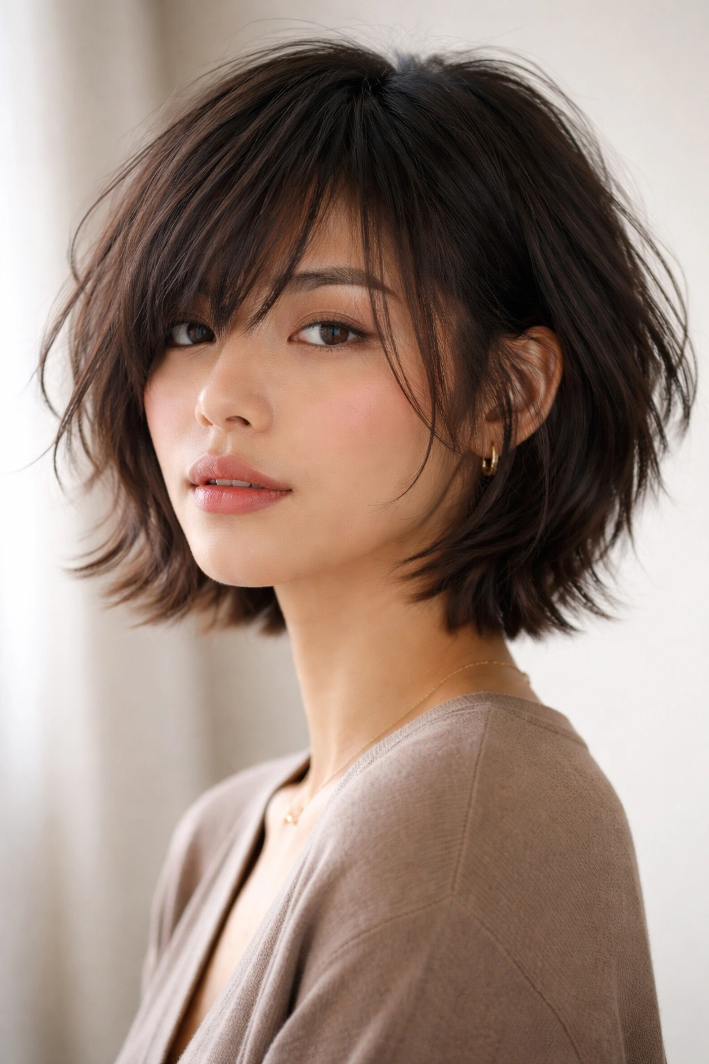 Asian woman wearing a shaggy layered bob with choppy layers for volume