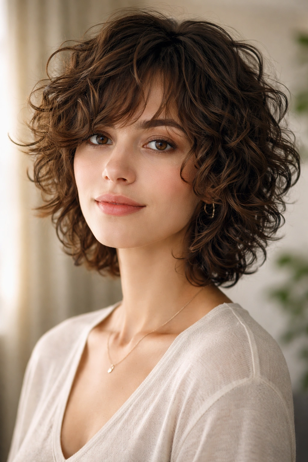 Portrait of a shaggy layered cut with defined curls and natural bounce