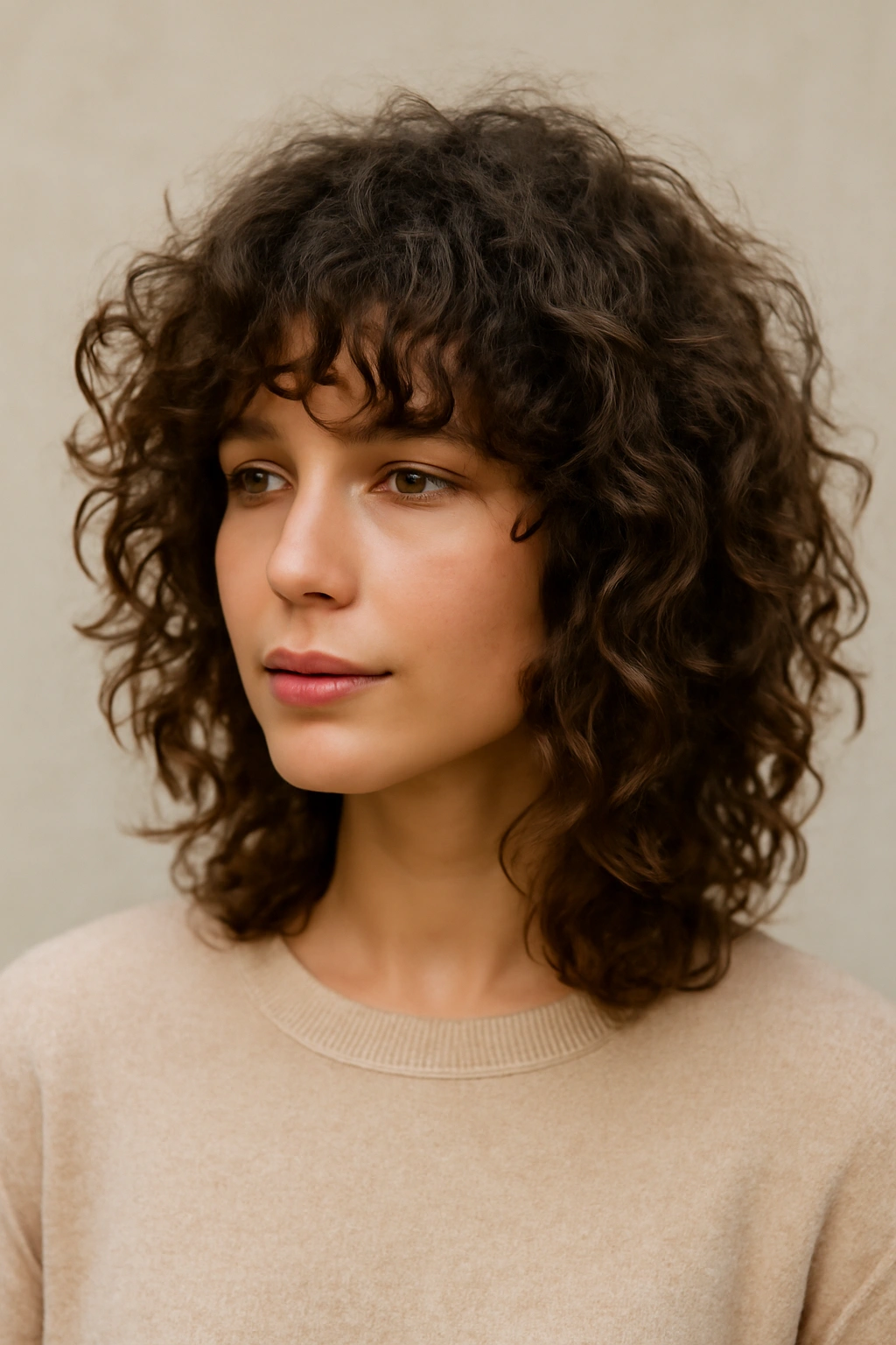 Close-up of a curly shaggy layered cut with mid-length layers and face-framing pieces.