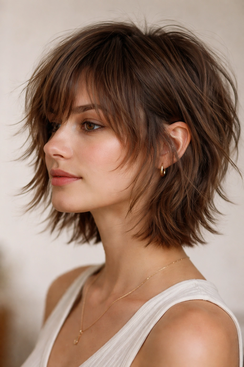 Portrait of ear-length shaggy layered baby cut with flowing layers