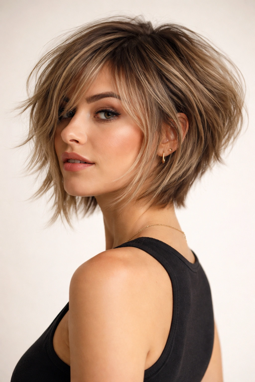 Shaggy layered inverted bob with multiple lengths and textured layers.