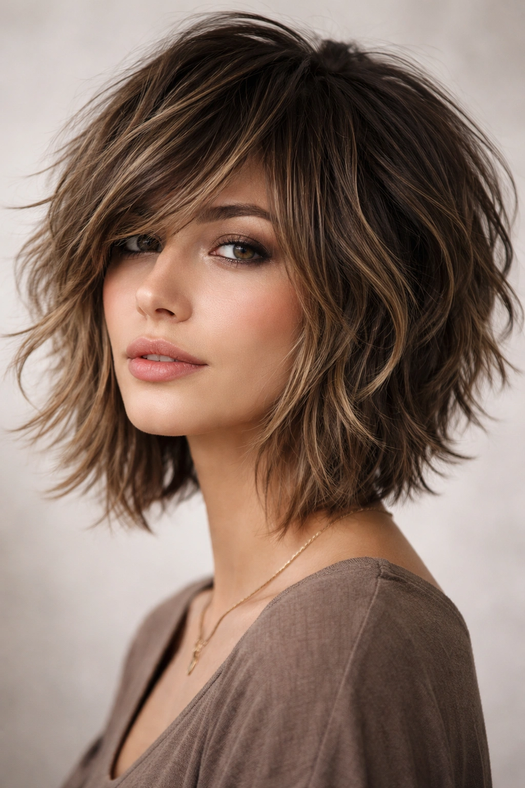 Shaggy layered inverted bob with feathered pieces and natural waves