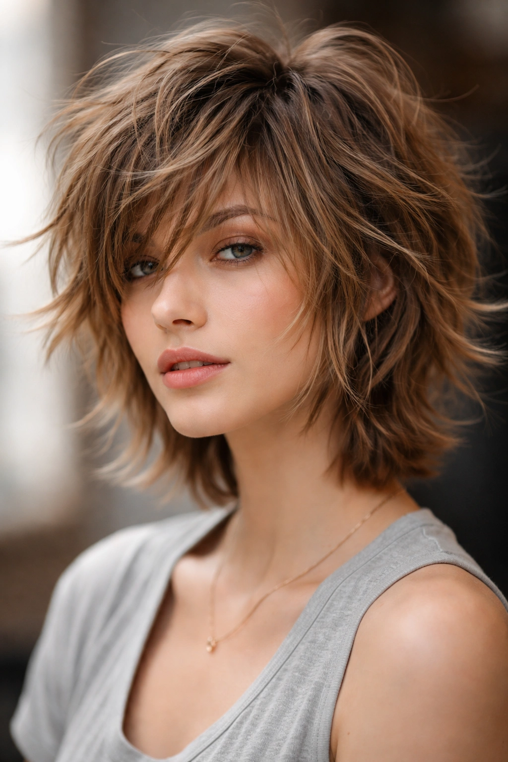 12 Short Haircuts That Work Around Cowlicks 4 Three-quarter view of a shaggy layered short cut with choppy, undone layers.