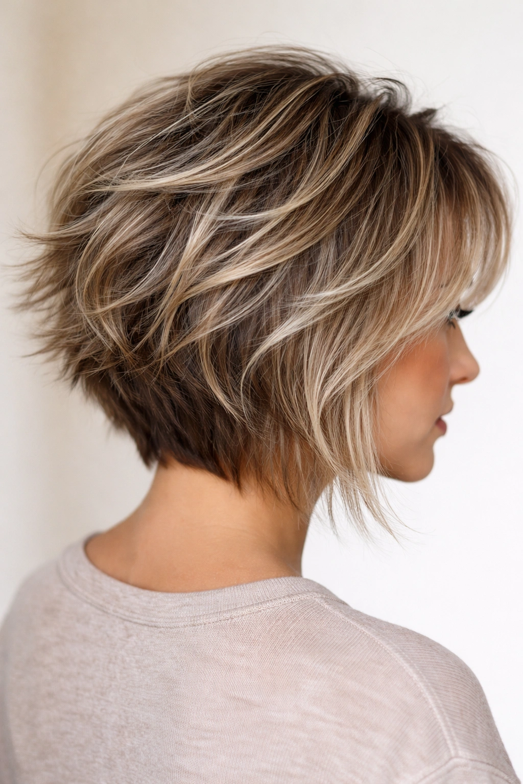 12 Short Stacked Bobs With Lift In The Back 10 Close-up of a shaggy stacked bob with all-over textured layers and back lift.