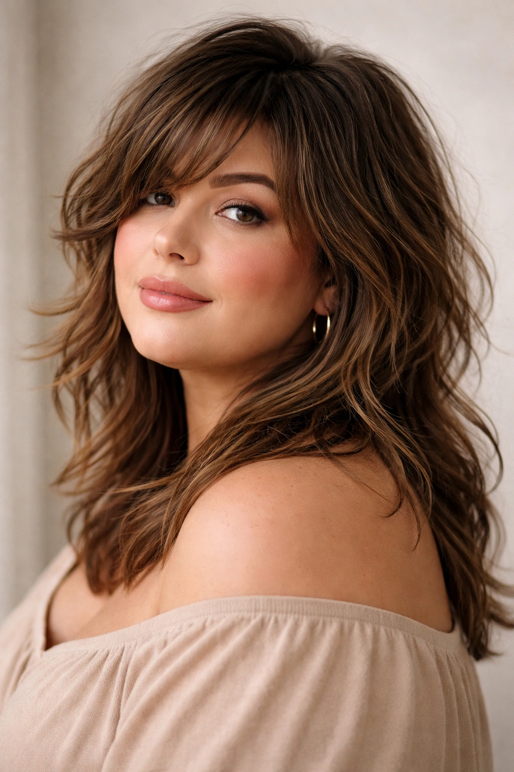 Three-quarter view of a plus-size woman with shaggy textured layers and bangs.