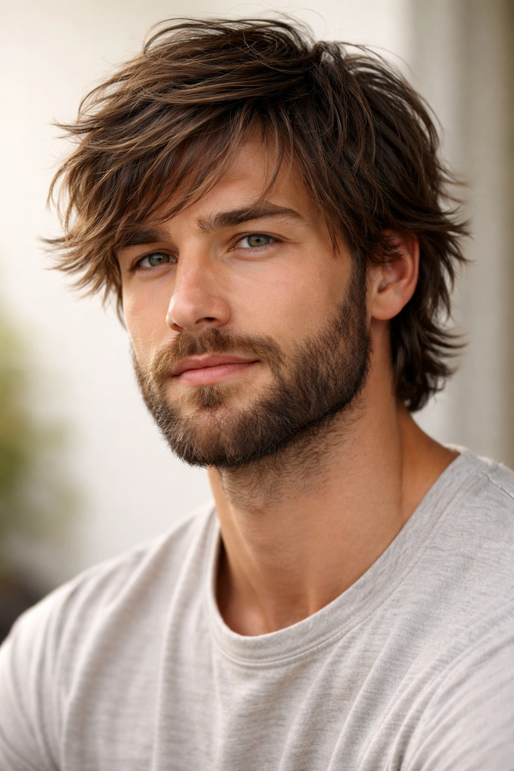 Portrait of a man with shaggy layered hair and a medium beard in a studio