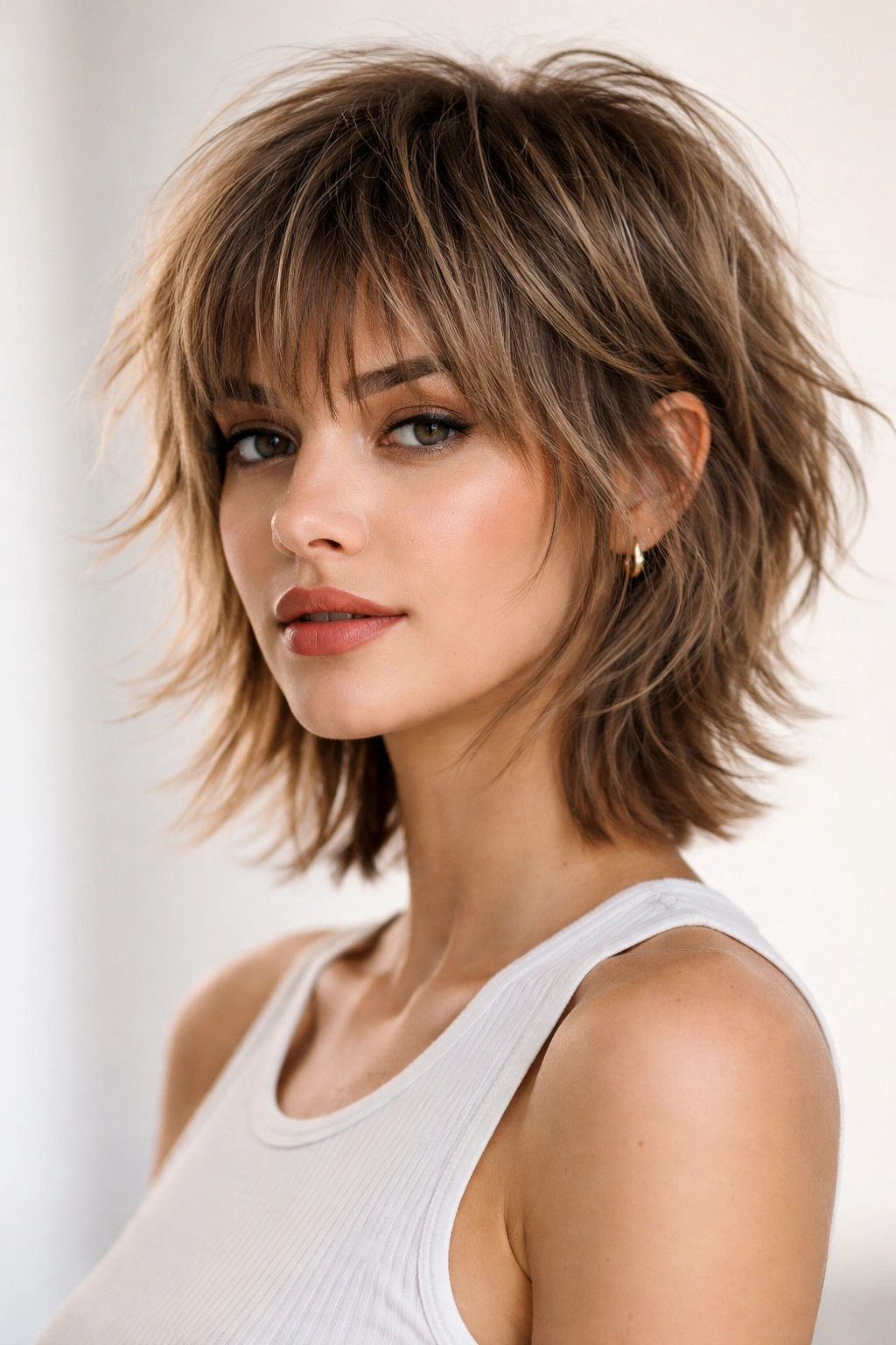 Portrait of shaggy layers with choppy bangs