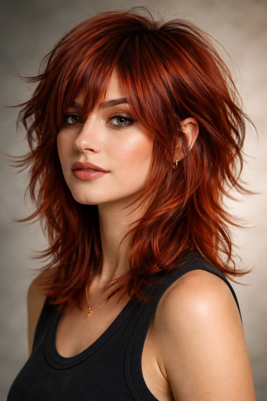 Shaggy layered hairstyle in copper red tones under studio lighting