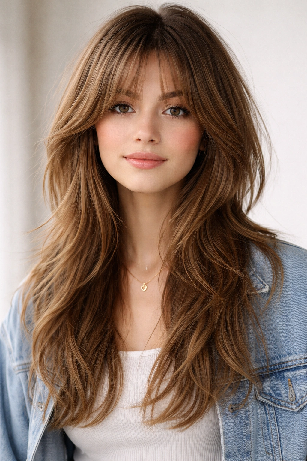 Hair with shaggy layers and curtain bangs showing texture and movement