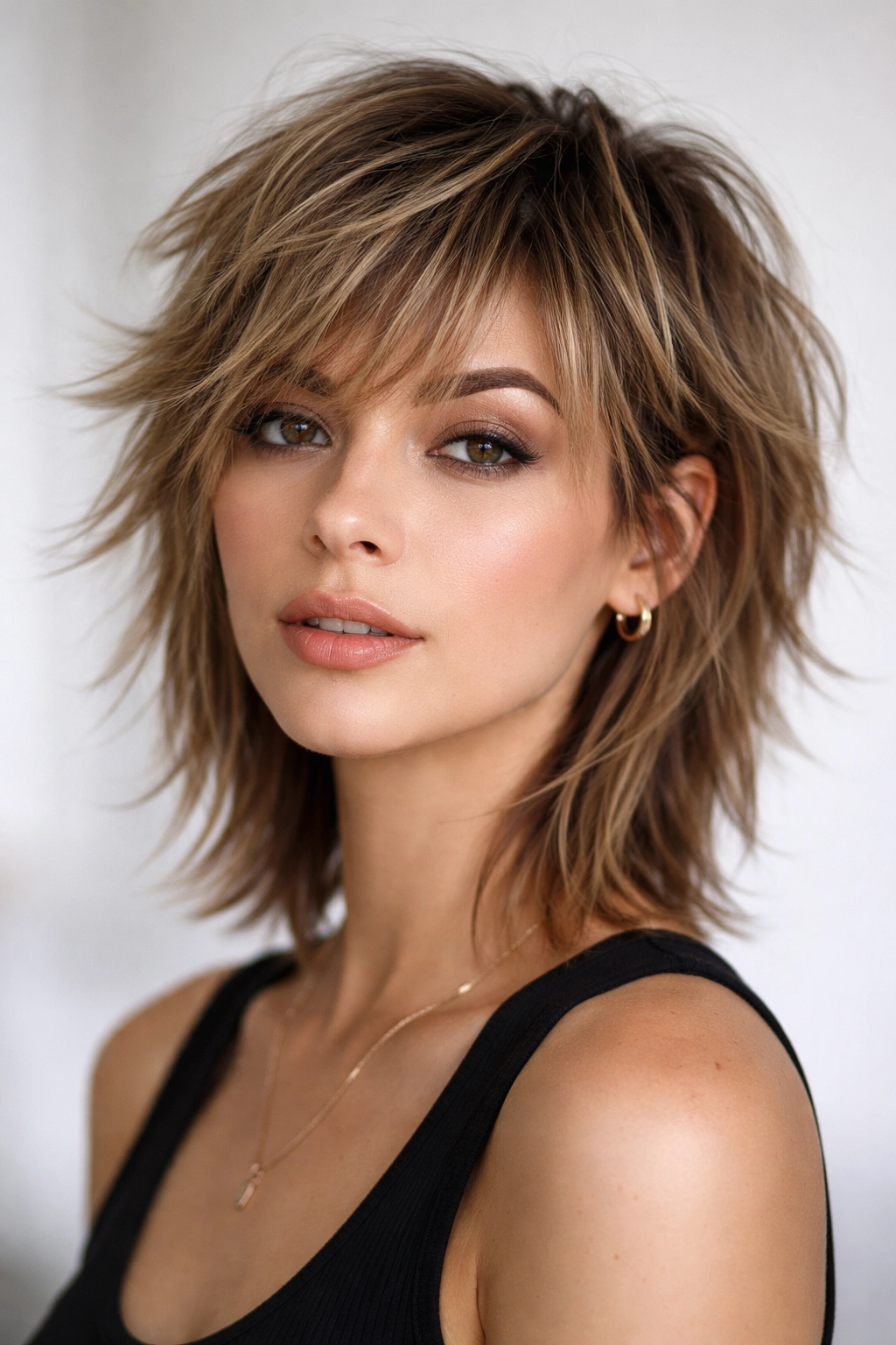 Portrait of a model with shaggy layered hair showing movement and texture.