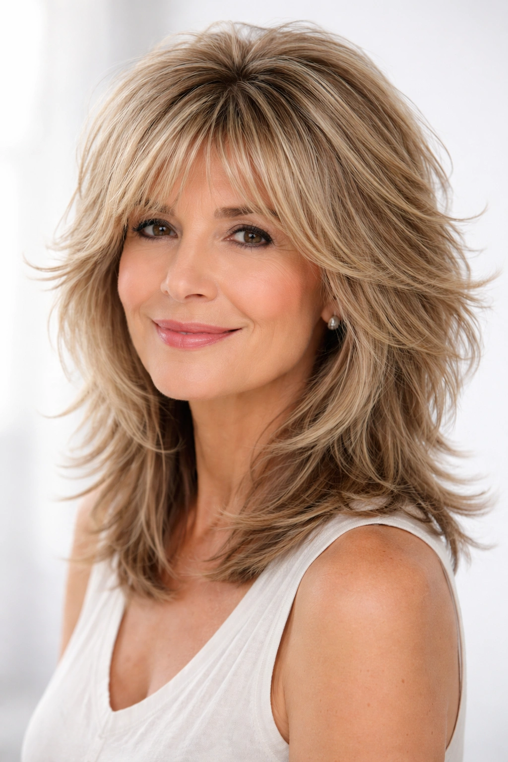 Shaggy layered medium-length hairstyle with textured, choppy pieces