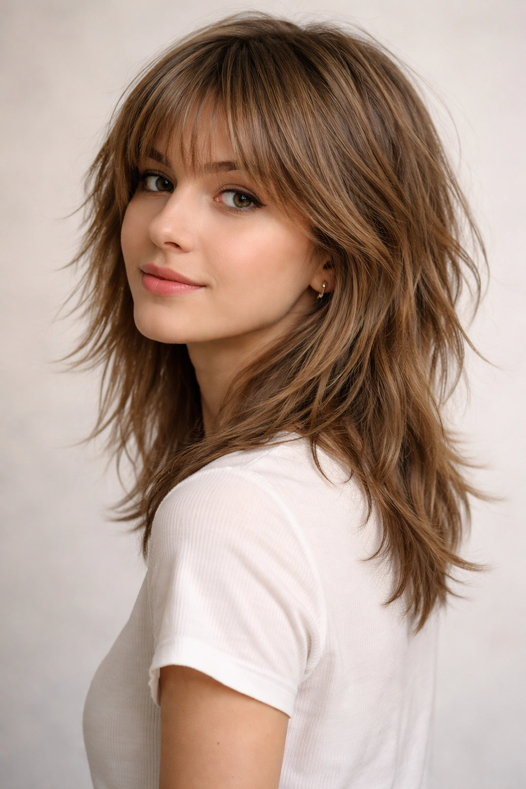 Shaggy layered hairstyle with short top layers and longer underneath