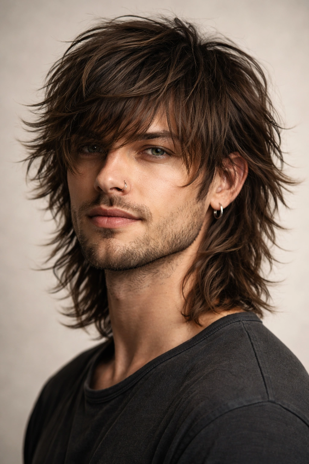Head-and-shoulders portrait of a model with long layered shag hairstyle showing texture