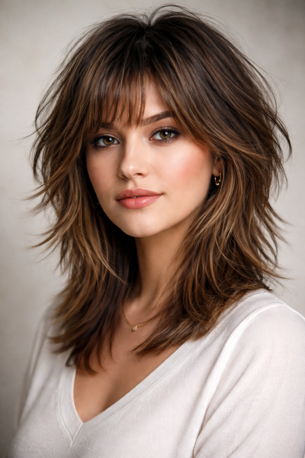 15 Hairstyles That Beautifully Flatter Round Faces 9 Model with shaggy layers and choppy texture creating movement and angles.