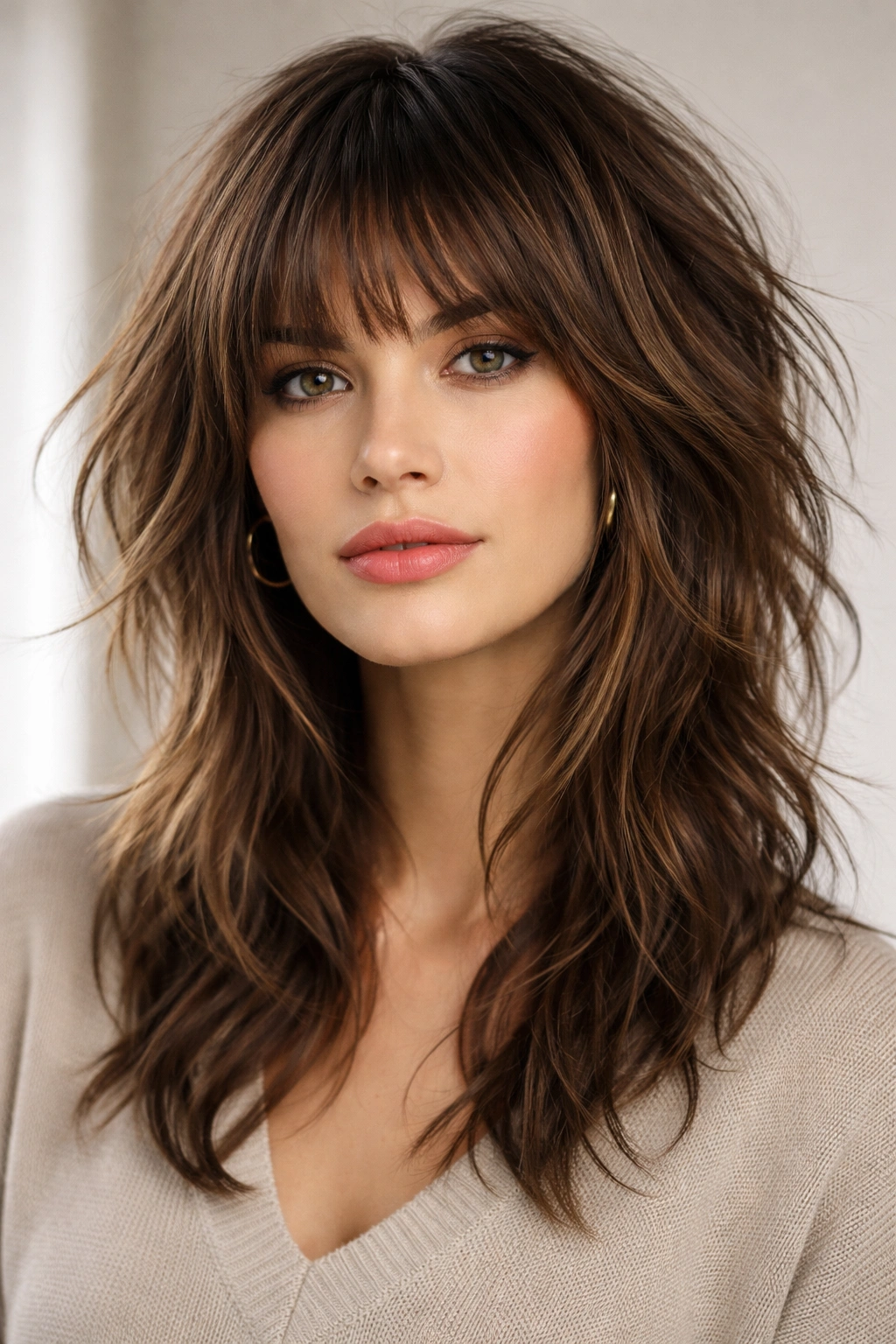 Shaggy layered hairstyle with textured bangs, full head portrait
