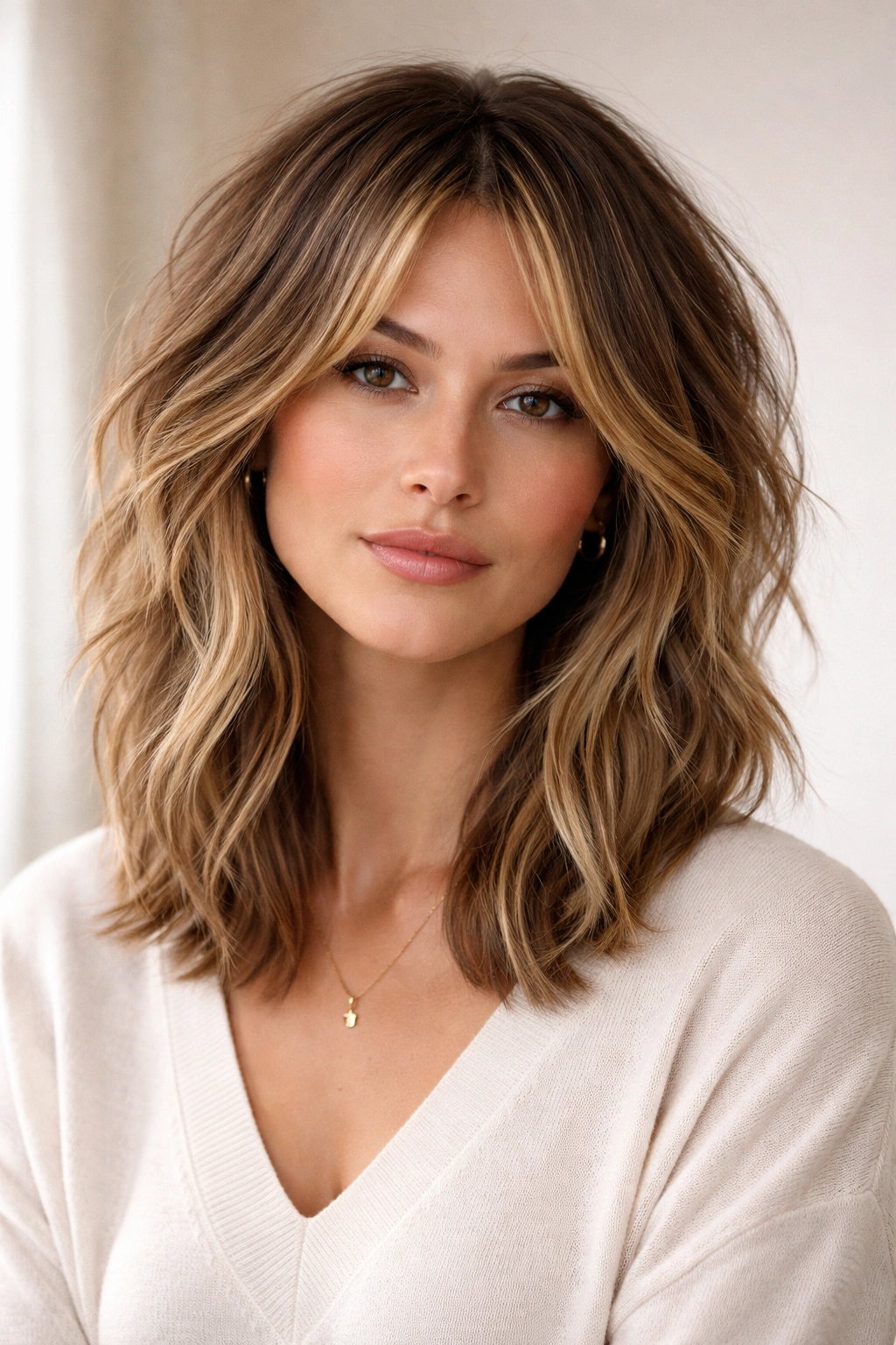 Shaggy lob hairstyle with layered texture and waves