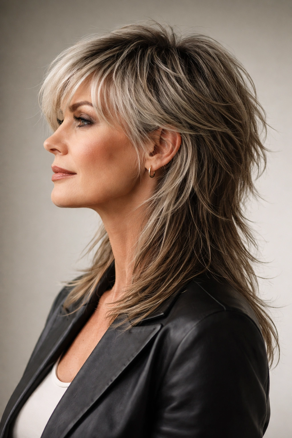 Profile view of a woman showcasing a modern shaggy mullet with layered texture