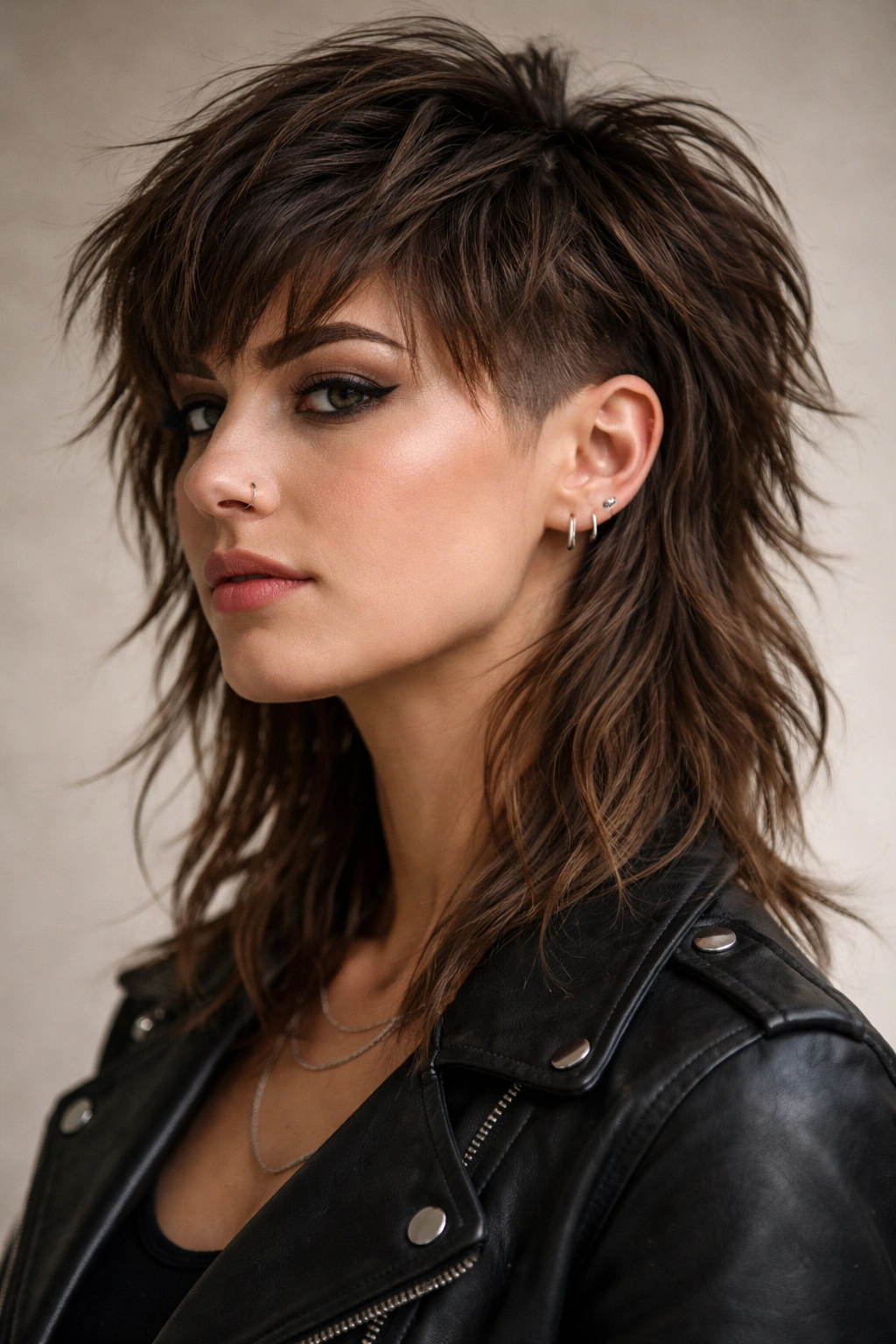 12 Short Haircuts With Shaved Sides For Bold Women 3 Portrait of a woman with a shaggy mullet and faded sides showing textured layers for movement
