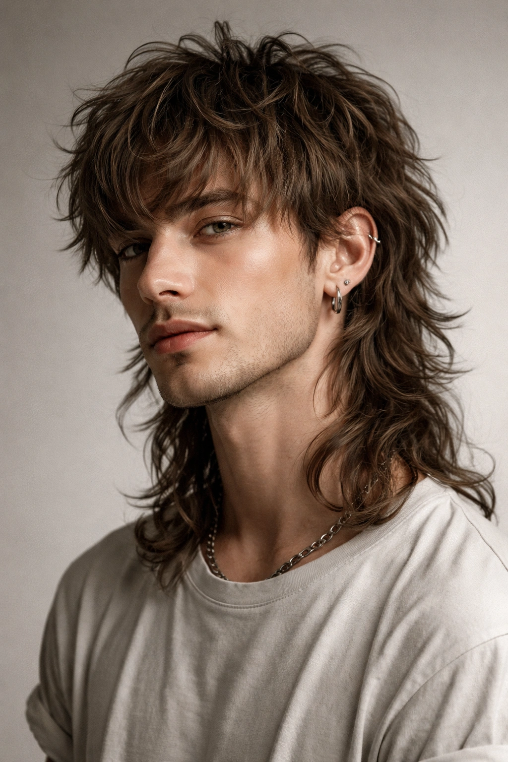 Male model with shaggy mullet hairstyle