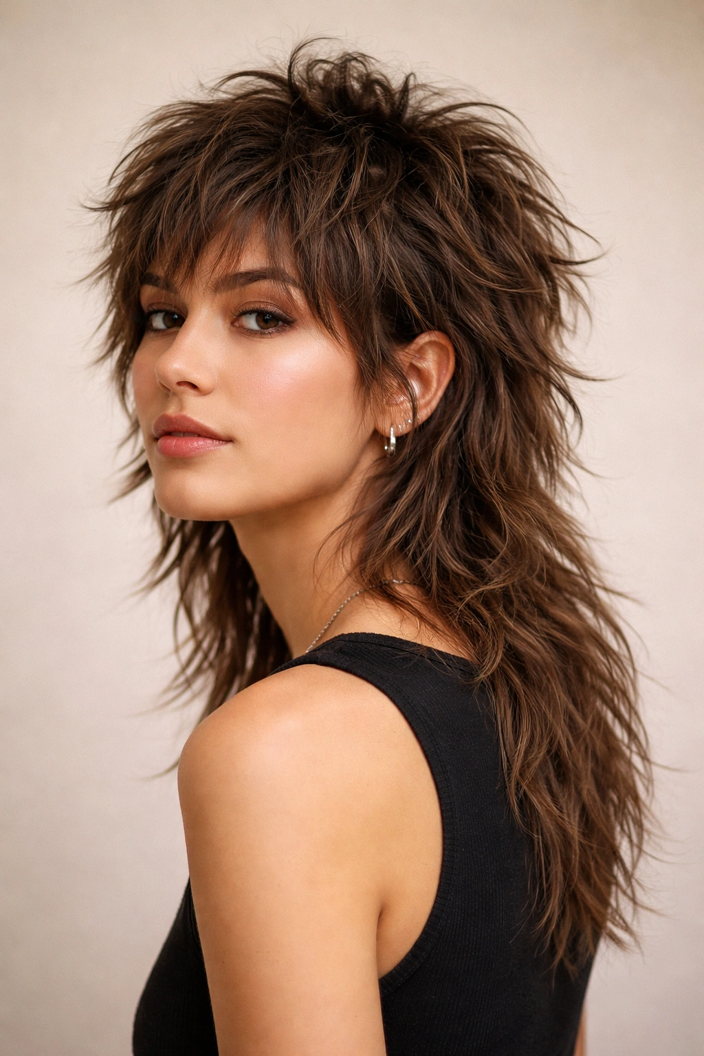 12 Short Choppy Haircuts With Natural Movement 10 Portrait of a model with a shaggy mullet showing short top and long back