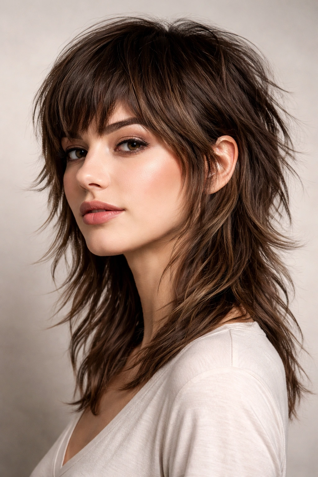 Close-up of modern shaggy mullet with short front and longer back