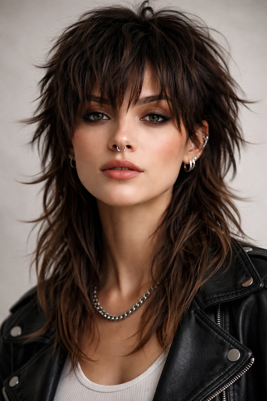 Close-up portrait of a person with a shaggy mullet showing textured short top and longer back.