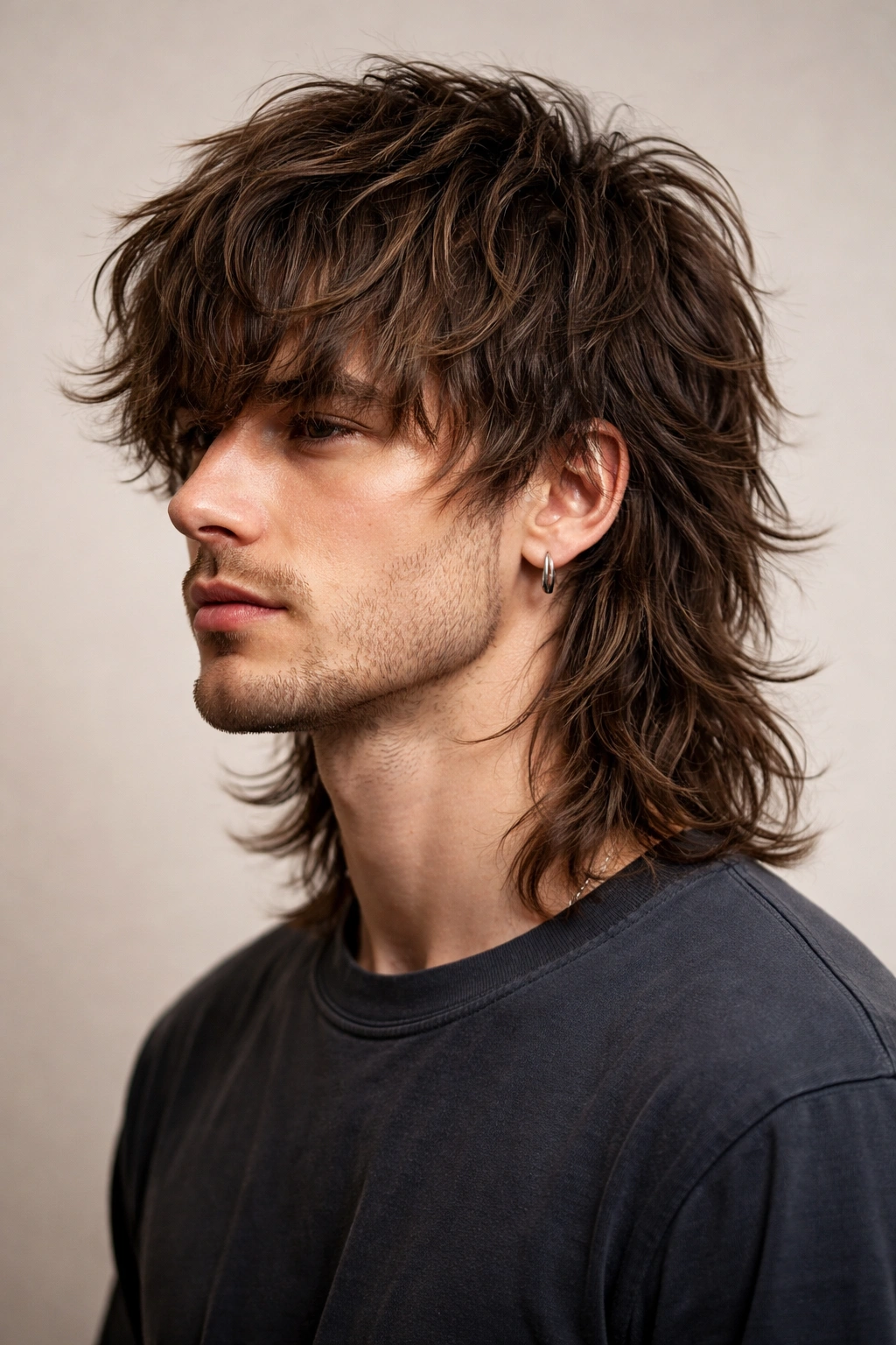 Shaggy Mullet with layered crown and fringe across forehead