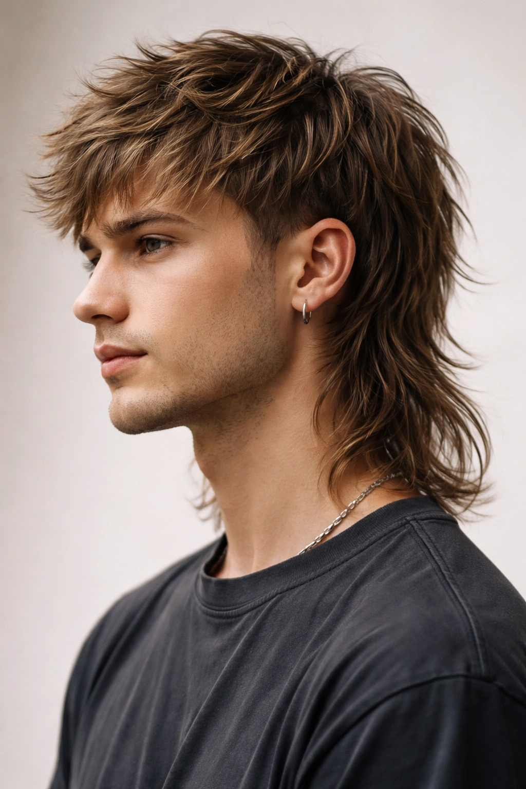 Three-quarter view of modern shaggy mullet with textured top and longer back