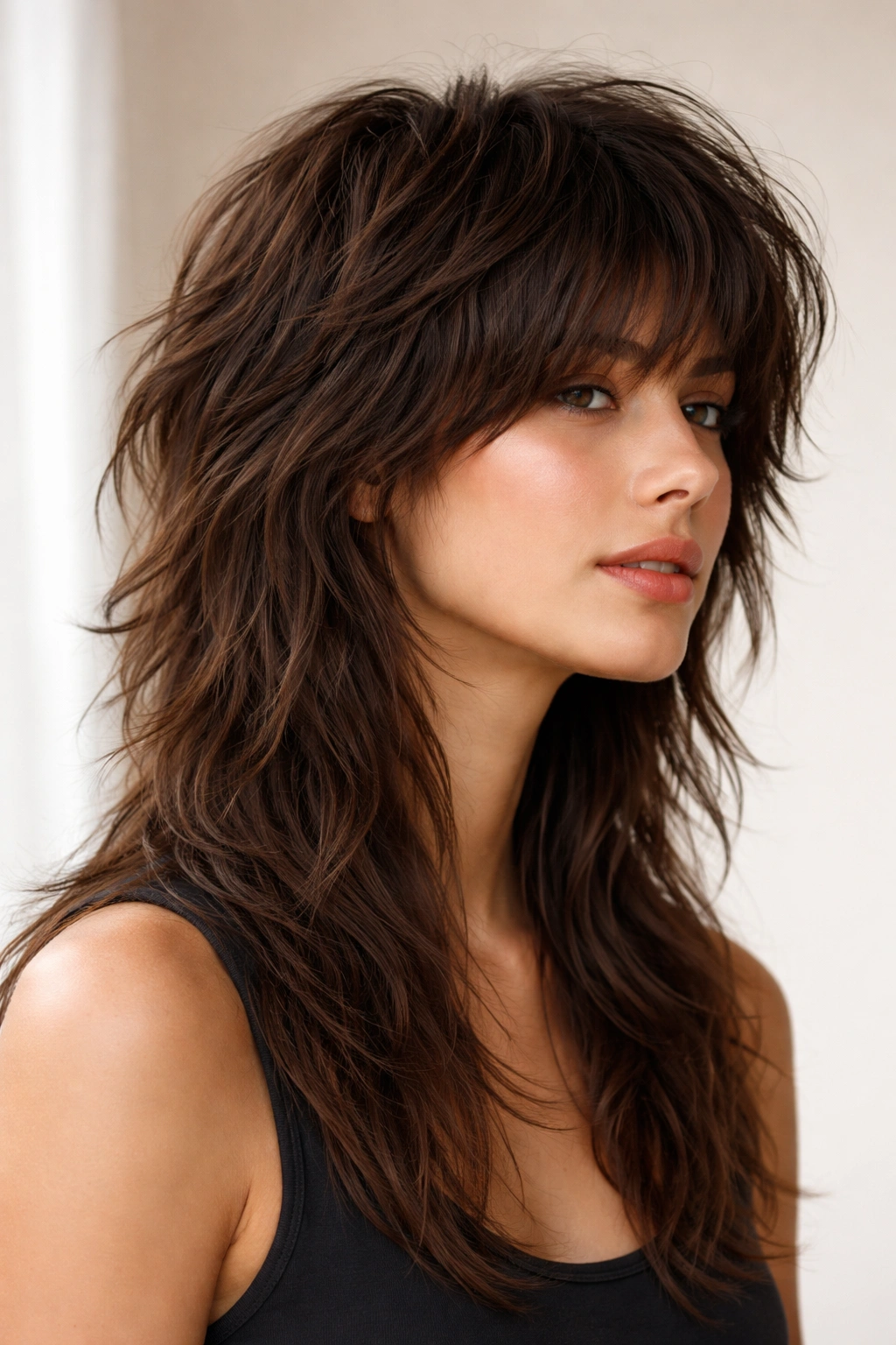 Portrait of a thick-haired model with a shaggy textured mullet showing choppy layered movement
