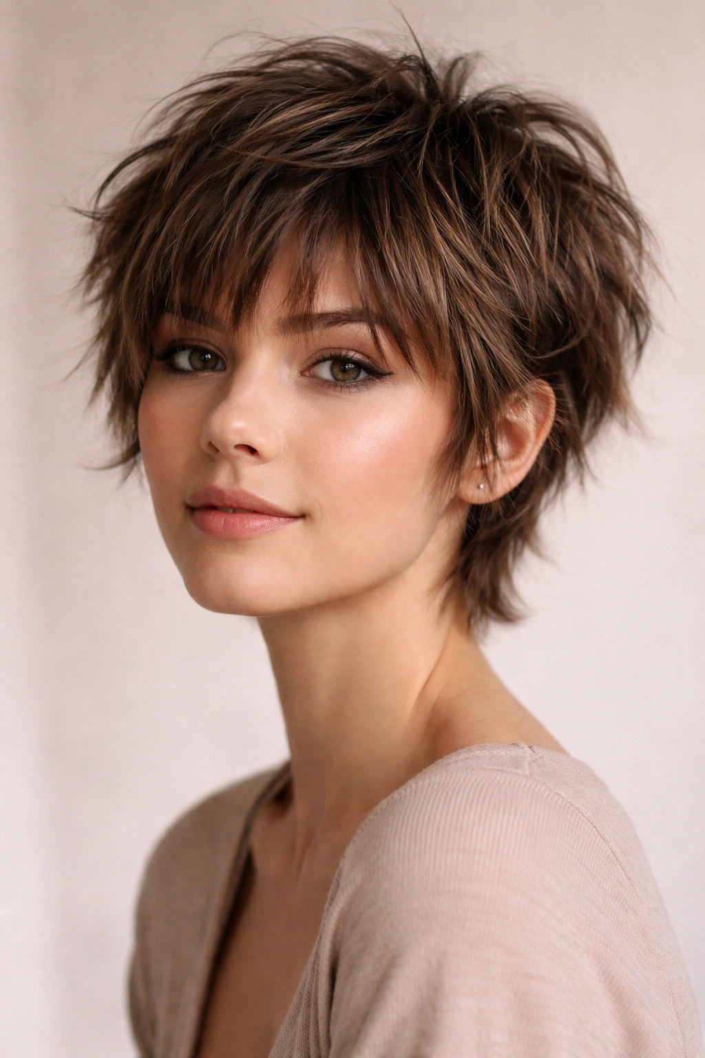 12 Pixie Haircuts With Bangs For Round Faces 7 Shaggy pixie with piece-y bangs showing textured layers and lifted crown