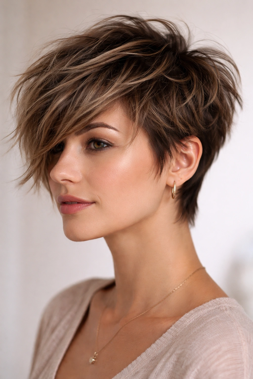 Short And Wavy 15 Haircuts Designed For Your Texture 14 Portrait of a person with a shaggy pixie cut featuring long crown and long bangs